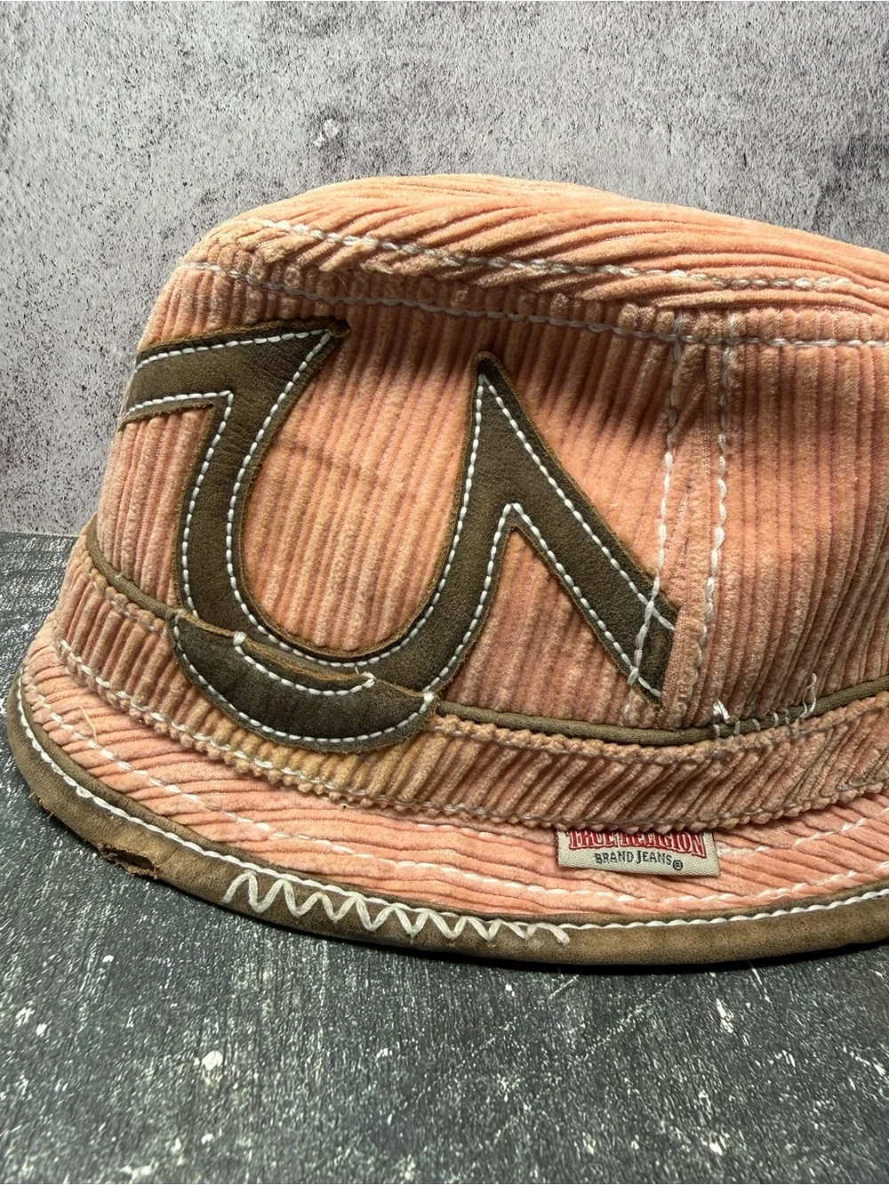 True Religion Corduroy Striped Bucket Hat Peach Brown Men L/XL